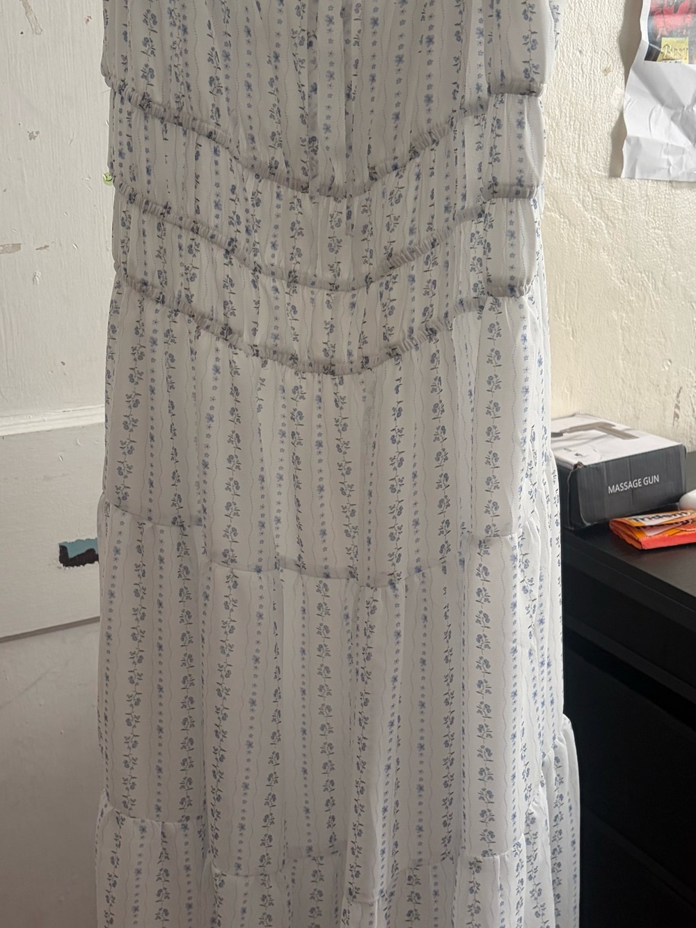 Sleeveless White Dress with Blue Floral Stripe